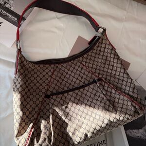 Celine Brown Monogram Shoulder Bag with Red Trim